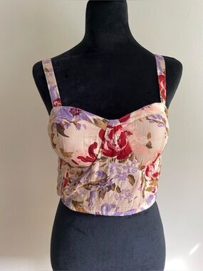 B.O.G Collective Floral Corset Crop Top Cream Smocked Back NWT L